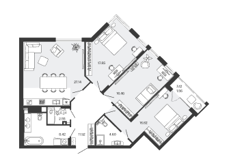 3 комнаты, 84 м²